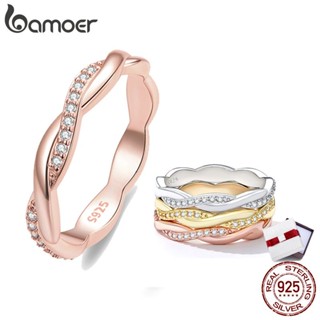 BAMOER 925 เงินสเตอร์ลิงประกายเชือกบิดแหวนฝังเพทายสำหรับผู้ห…