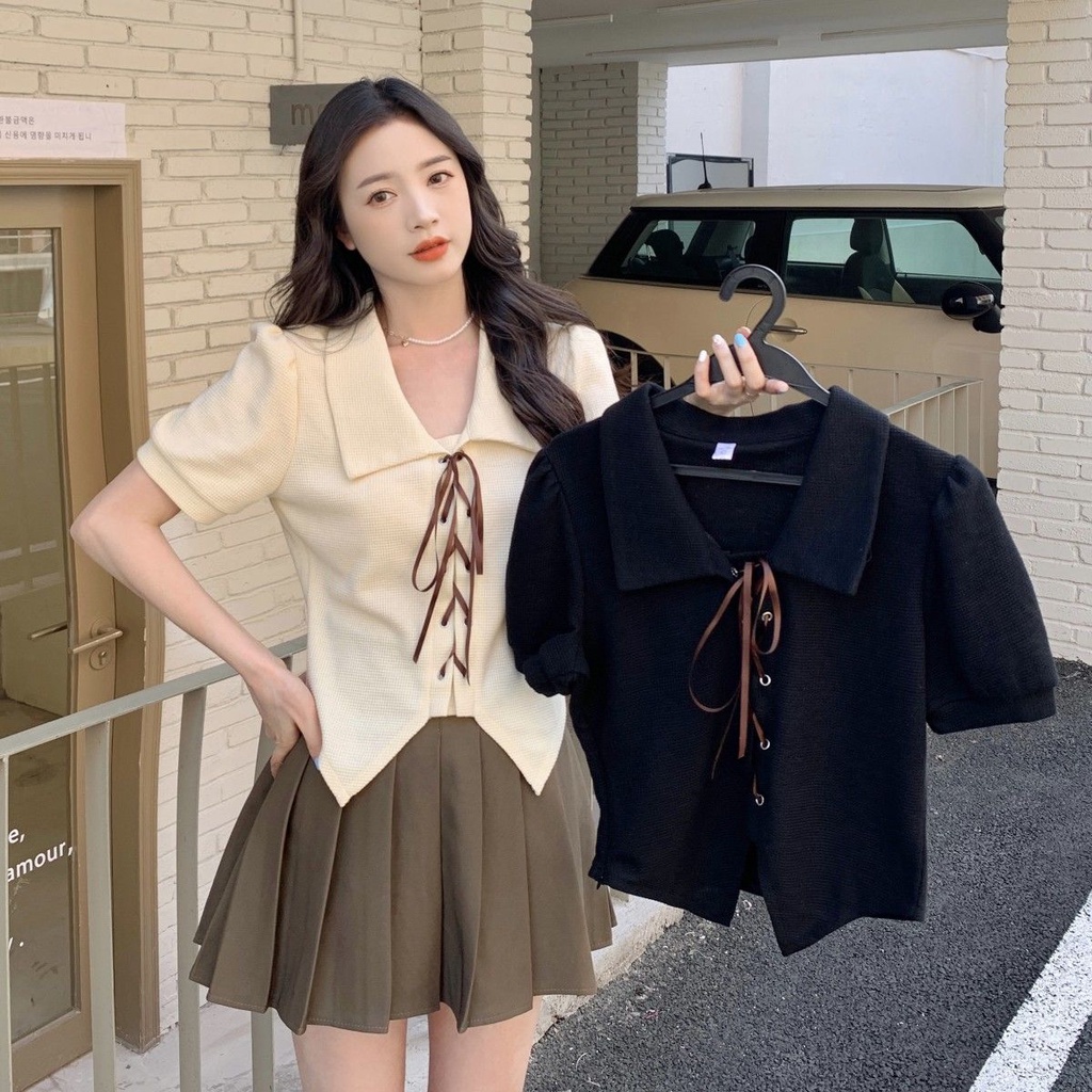 เสื้อยืด oversize เสื้อเชิ้ตแขนสั้น แขนพัฟ แต่งลูกไม้ ขนาดใหญ่