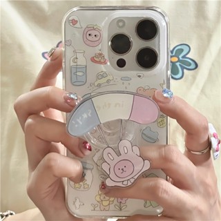 เคสโทรศัพท์มือถือ ซิลิโคน กันกระแทก ลายการ์ตูนหมี กระต่ายน่ารัก พร้อมขาตั้ง สําหรับ Iphone 12 11 13 14 PRO MAX 13ProMax 12 13pro 11 14pro