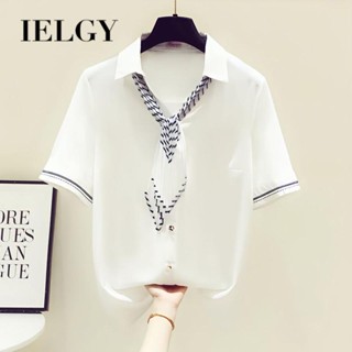 IELGY เสื้อเชิ้ต แขนสั้น ผ้าชีฟอง สีขาว สไตล์ต่างประเทศ แฟชั่น พร้อมเนคไท เสื้อตัวเล็ก สําหรับผู้หญิง