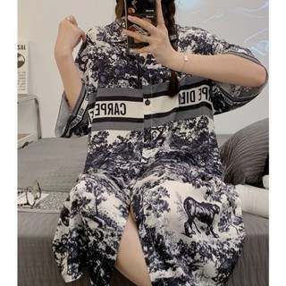 Graffiti pattern pajamas womens summer ice silk short-sleeved long skirt Sexy sweet high-end ladies nightdress