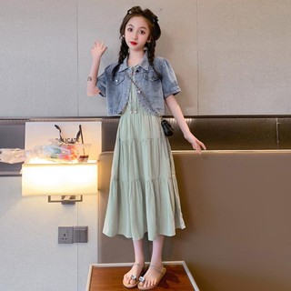 Girls Dress Summer 2023 New Childrens Dress Stylish Summer Dress Girls Big Boy Fashionable Denim Two-piece Suit