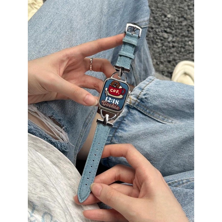 สายนาฬิกาข้อมือหนังวัวแท้ สไตล์เดนิม สําหรับ Applewatch 8 7654321 ชุดเสื้อแขนสั้น สไตล์สร้างสรรค์ สําหรับผู้หญิง