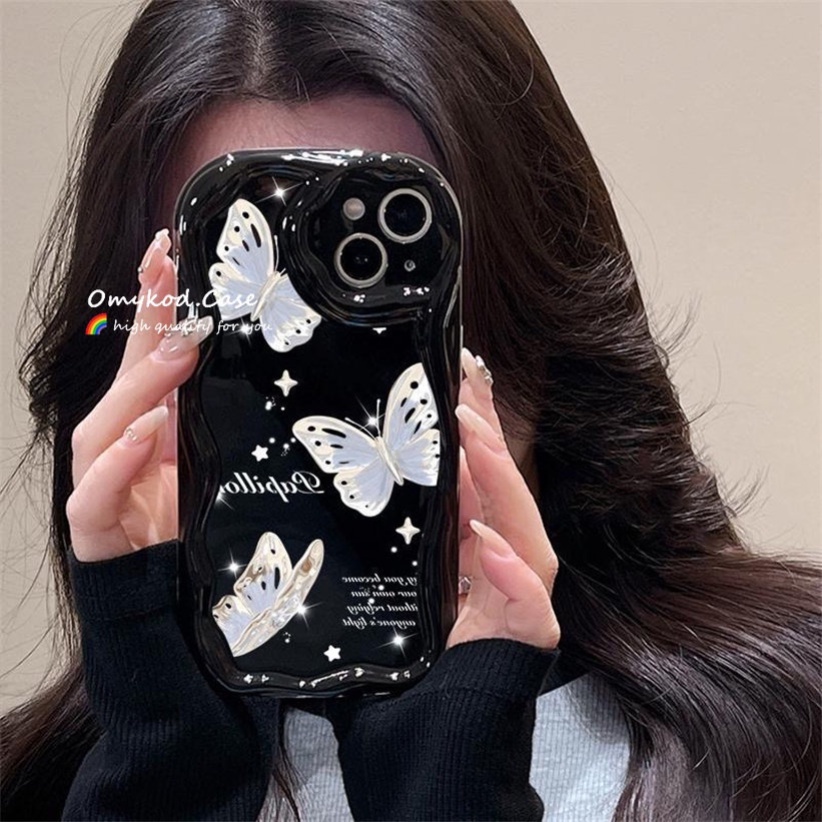 Ready Stock Compatible For iPhone 16 15 XR 14 13 11 12 Pro Max 8 7 6 6s Plus SE 2020 XS Max Fashion 3D Wave Black Butterfly Illustration Creative Phone Case Soft Protection Back Cover