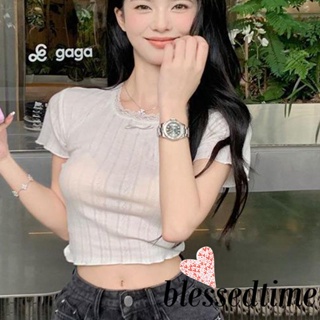 Blessedtime- เสื้อครอปท็อปแขนสั้นลําลอง แต่งขอบลูกไม้น่ารัก แฟชั่นฤดูร้อน สไตล์สตรีท สําหรับผู้หญิง