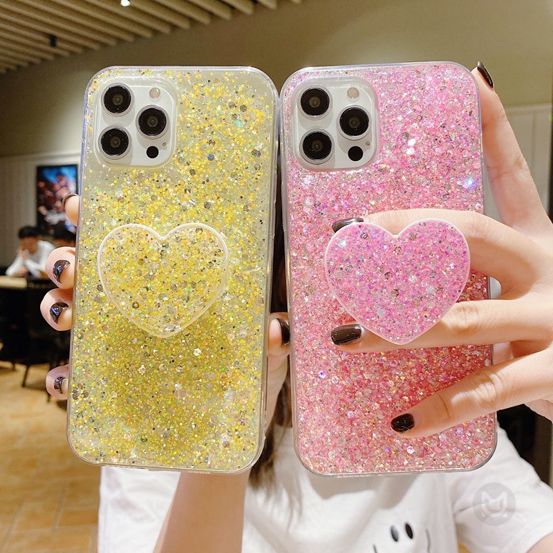 เคสโทรศัพท์มือถือ ซิลิโคนนุ่ม แต่งกลิตเตอร์ ฟอยล์หัวใจ ระยิบระยับ พร้อมที่ตั้งวาง สําหรับ iPhone 14 13 12 Pro Max 14Plus 12Mini 13Mini 12Pro 13Pro 14Pro