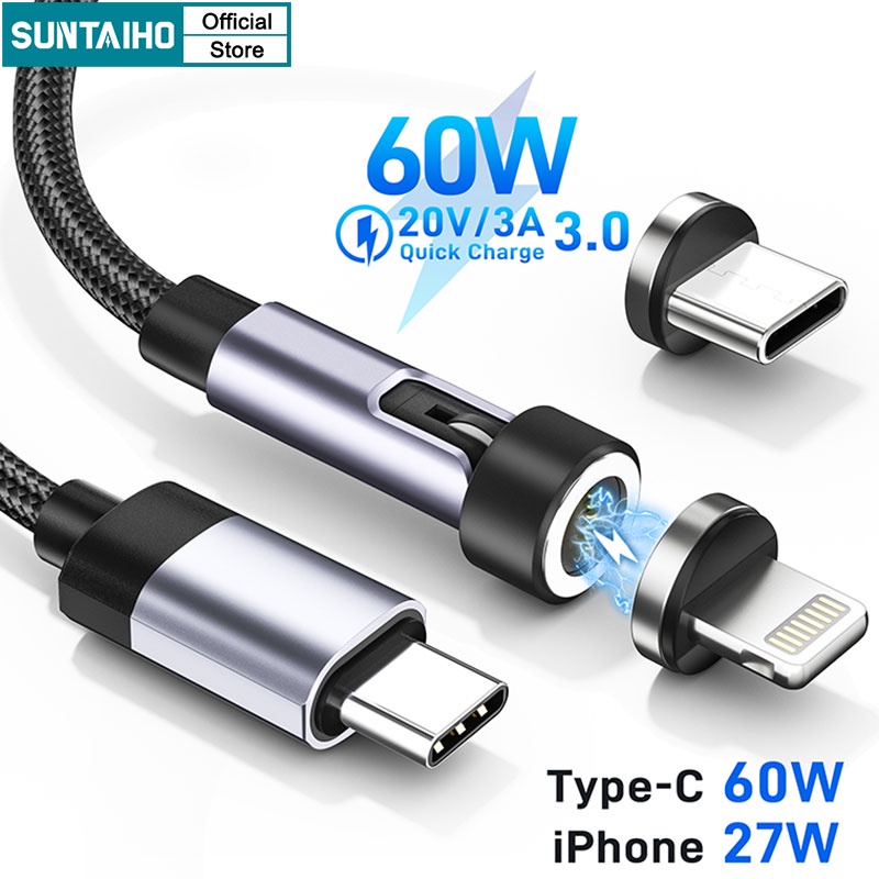 Suntaiho PD 60W สายชาร์จแม่เหล็ก Type C USB 12W หมุนได้ 540 องศา สําหรับ iPhone Lightning 27W Samsung Huawei