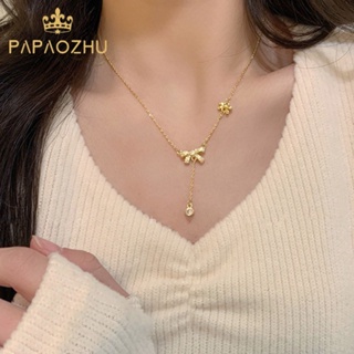 Papaozhu สร้อยคอทอง 14K จี้โบว์คริสตัล เครื่องประดับ สําหรับผู้หญิง