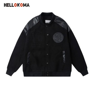 baseball jacke เสื้อแจ็คเก็ตเบสบอล Hello KOMAins เสื้อแจ็กเก็ตเบสบอลลําลอง หนัง PU ทรงหลวม เข้ากับทุกการแต่งกาย สไตล์เรโทร สําหรับผู้ชาย และผู้หญิง