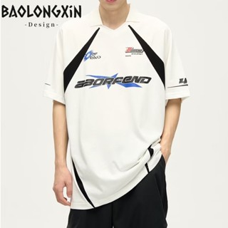 BAOLONGXIN เสื้อโปโลผู้ชายเทรนด์มาตรฐานฤดูร้อนใหม่พิมพ์สีทึบเยาวชนยอดนิยม 2023 แขนสั้นอารมณ์อินเทรนด์