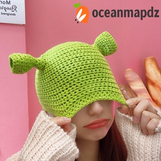 OCEANMAPDZ หมวกบีนนี่ ผ้าขนสัตว์ถัก หูยาว สีเขียว เรียบง่าย สําหรับผู้หญิง