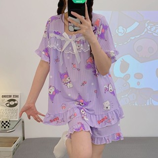 ชุดนอนเสื้อแขนสั้น กางเกงขาสั้น ทรงหลวม ลาย Sanrio Kuromi Cinnamoroll น่ารัก แฟชั่นฤดูร้อน สําหรับผู้หญิง 2023