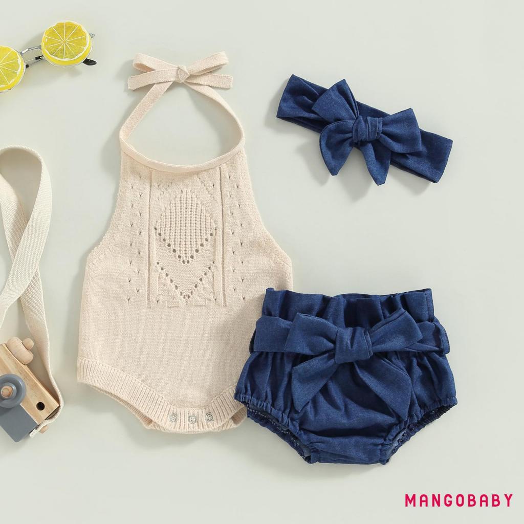 Mgg-เด็กสาวฤดูร้อนชุดสีทึบ Tie-Up Halter คอถักเสื้อกันหนาว Romper กางเกงยีนส์กางเกงขาสั้นเข็มขัด 3 ช