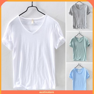 Austinstore เสื้อยืดลําลอง คอวี แขนสั้น สีพื้น ระบายอากาศ แบบสวมหัว สําหรับผู้ชาย