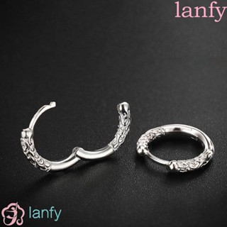 LANFY ต่างหูห่วง ทรงกลม ชุบเงิน แกะสลัก สไตล์มินิมอล สร้างสรรค์ สําหรับผู้หญิง และผู้ชาย