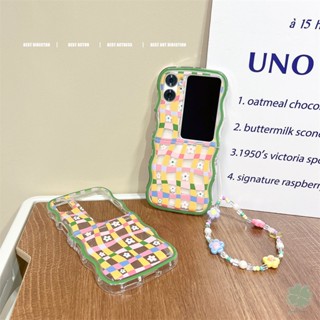 Oppo Find N2 เคสฝาพับ ลายตาราง ดอกไม้ สด ซิลิโคนนิ่ม ใส ขอบคลื่น ป้องกัน ฝาหลัง พร้อมสร้อยข้อมือ ลูกปัด สายรัดข้อมือ เด็กผู้หญิง กันกระแทก เคสโทรศัพท์