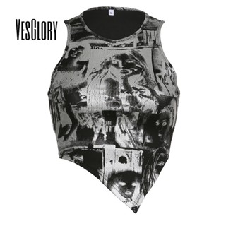 Vesglory เสื้อกล้ามลําลอง คอกลม พิมพ์ลายแอปสแตรกท์ แฟชั่นสตรีท 2023