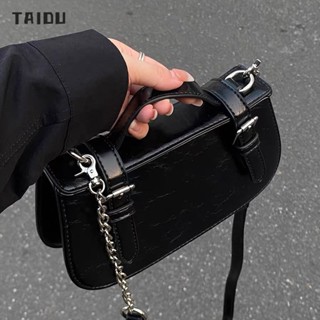 TAIDU กระเป๋าแมสเซนเจอร์สายโซ่แฟชั่นสไตล์วินเทจ พื้นผิวขั้นสูง วัสดุพียู การออกแบบหัวเข็มขัดดูดคู่ กระเป๋าสะพายไหล่แบบพกพาหนังแว็กซ์