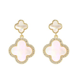 2023 New Size Four-Leaf Clover White Stud Earrings 14K Gold Earrings O2QQ