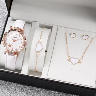 Elegant Lady Jewelry & Leather Watch พร้อมนาฬิกาข้อมือควอตซ์สําหรับผู้หญิงเหมาะสําหรับของขวัญ