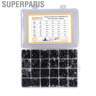 Superparis Screw Washer Nut Assortment Kit  Smooth Surface Clear Thread Black Metal 884PCS M2 M3 M4 M5 with Storage Box for Woodworking