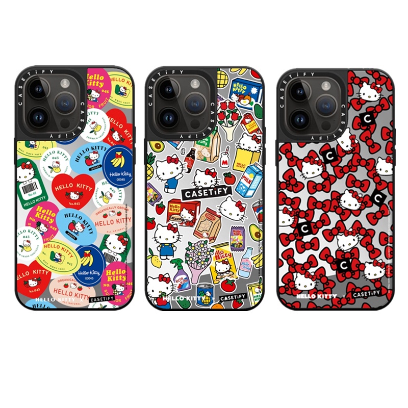 Casetifg ใหม่ Hello Kitty รูปแบบกระจกเคสโทรศัพท์พร้อมกล่องสําหรับ iPhone 16 11 12 13 14 15 Pro Max 16 Plus คุณภาพสูงนุ่มด้านข้างตัวอักษรแกะสลักกันกระแทกป้องกันปลอกปกแข็ง