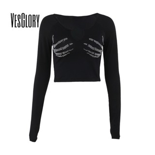 Vesglory เสื้อครอปท็อป แขนยาว คอวี ทรงสลิมฟิต พิมพ์ลาย สีคมชัด เซ็กซี่ สําหรับผู้หญิง 2023