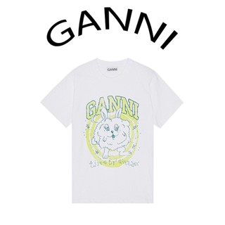 Ganni ฤดูร้อน ใหม่ ร็อค กระต่าย พิมพ์ลาย ผ้าฝ้าย หลวม เสื้อยืด เสื้อเบลาส์ แขนสั้น ผู้หญิง