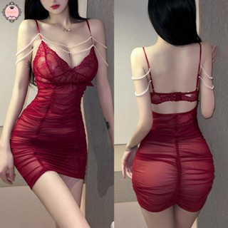 Women Sexy Lingerie Slim Hip Mesh Lace Pearl Chain Bodycon Suspenders Dress