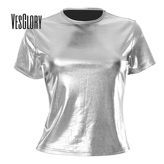 Vesglory เสื้อครอปท็อป คอกลม แขนสั้น สีพื้น เซ็กซี่ สําหรับผู้หญิง 2023