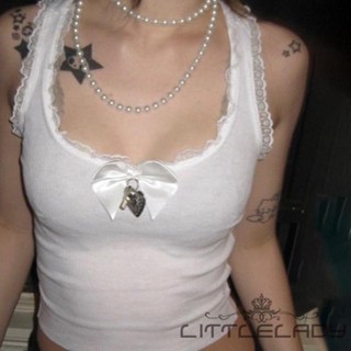 Ltl- เสื้อกล้าม แขนกุด คอตัก ประดับโบว์ ลูกไม้ด้านหน้า เสื้อครอป เสื้อลําลอง ผู้หญิง ฤดูร้อน