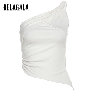 Relagala เสื้อครอปท็อปลําลอง เปิดไหล่ข้างเดียว สีพื้น เซ็กซี่ เรียบง่าย แฟชั่นสําหรับสตรี 2023