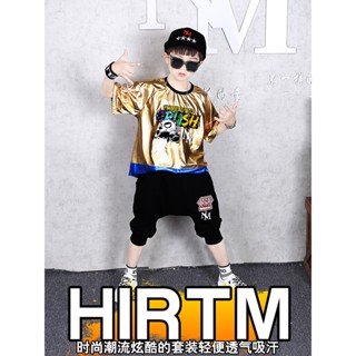 ชุดHIPHOP เสื้อแขนสั้นสีทอง+กางเกงดำ