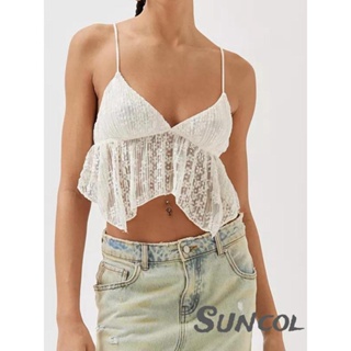 Suncol- เสื้อครอปท็อป คอวี แขนกุด แต่งลูกไม้ สายสปาเก็ตตี้ เหมาะกับฤดูร้อน สําหรับผู้หญิง