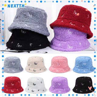 Nextth หมวกบักเก็ต กันแดด ขนเฟอร์เทียม ปักลายผีเสื้อ แบบนิ่ม