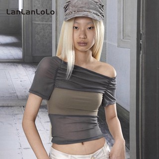 Lanlanlolo เสื้อยืดลําลอง แขนสั้น คอปาด ผ้าตาข่าย สีตัดกัน สําหรับสตรี 2023