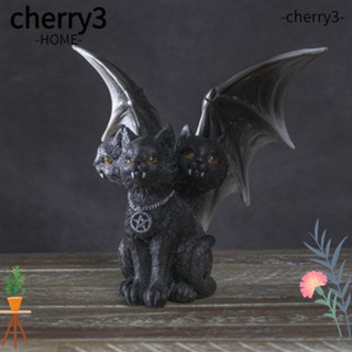 Cherry3 ฟิกเกอร์เรซิ่น รูปปีกค้างคาว แมวดํา สามหัว สีดํา สําหรับตกแต่งงานปาร์ตี้