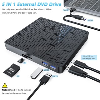 Techmate 5-in-1 หัวเผา DVD พร้อมสายเคเบิล USB Type-C การ์ดรีดเดอร์ ฮับ และออปติคอลไดรฟ์ อเนกประสงค์