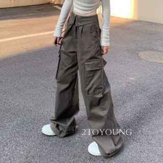 2TOYOUNG  กางเกงขายาว คาร์โก้ กางเกง เชือกอเมริกันคลาสิค Cargo pants 2023 NEW 072459 Unique ทันสมัย Trendy สไตล์เกาหลี A90M0AR 36Z230909