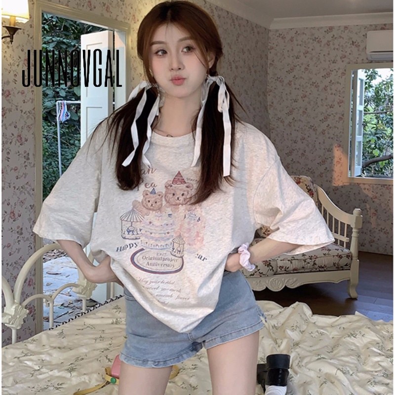 Junnovgal ใหม่ เสื้อคอกลม พิมพ์ลายการ์ตูน สไตล์วินเทจ แฟชั่นสําหรับผู้หญิง 2023