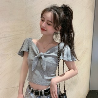 เสื้อยืด ตัวสั้น ผ้าถัก ประดับโบว์ สีพื้น เหมาะกับฤดูร้อน สําหรับผู้หญิง