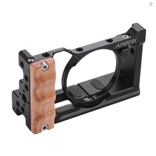 Fw Andoer Metal Aluminum Camera Cage Compatible with  RX100 VI/VII with Cold Shoe Mount 1/4 Screw Wooden Handgrip Vlogging Shooting Accessories