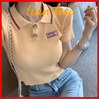 พร้อมส่ง เสื้อโปโลแขนสั้น ปักลายตัวอักษร ลายทาง สไตล์เกาหลี สําหรับผู้หญิง