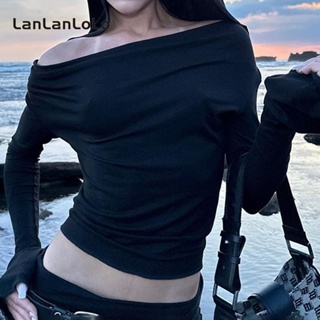 Lanlanlolo เสื้อยืดลําลอง แขนยาว คอกลม มีฮู้ด เข้ารูป สีพื้น แฟชั่นสําหรับสตรี 2023