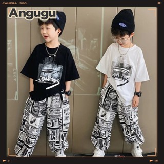 Angugu ใหม่ ชุดเสื้อยืดลําลอง แขนสั้น และกางเกงขาสั้น แฟชั่นสไตล์เกาหลี สําหรับเด็กผู้ชาย อายุ 3-12 ปี 2023 2 ชิ้น