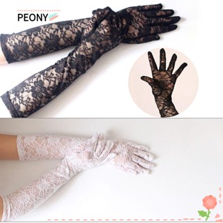 Peonypavilion ถุงมือยาว ผ้าตาข่าย พิมพ์ลายดอกกุหลาบ แนวเซ็กซี่ บางพิเศษ กันแดด สีดํา สําหรับกลางแจ้ง