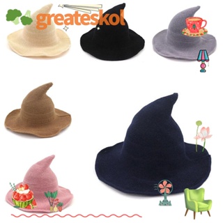 Greateskol หมวกแม่มด ฮาโลวีน การออกแบบแม่มด หมวกขนสัตว์ จุดยาว พับได้ สีพื้น หมวกอบอุ่น หมวกคอสเพลย์ มหัศจรรย์ ตกแต่ง