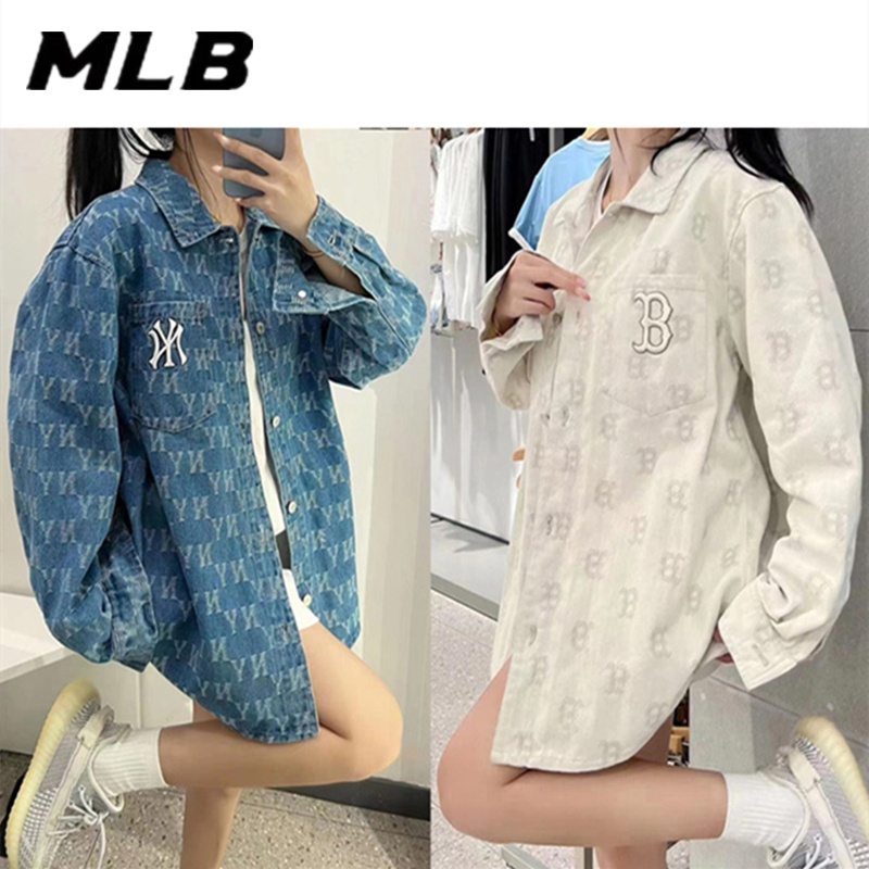 เสื้อเชิ้ตยีน แขนยาว ปักลายโลโก้ MLB NY แบบดั้งเดิม แฟชั่นคู่รัก