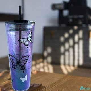 Starbucks Transparent Black Butterfly Straw Cup Ps Material Safe Environmental Protection Cup Flash Powder Cup 710ml/24oz TH1