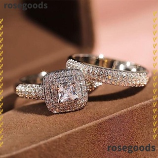 Rosegoods1 แหวนเพชรอัลลอย ประดับเพทาย ทรงกลม สีเงิน สีขาว หรูหรา เครื่องประดับ ของขวัญวันเกิด 2 ชิ้น